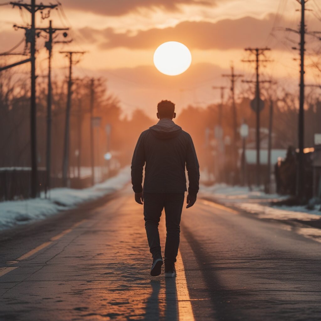 man walking into the sunrise