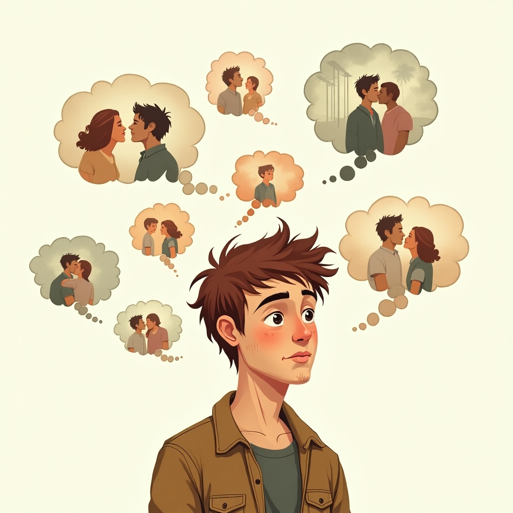 Man surrounded by thought bubbles containing fragmented memories, symbolizing emotional nostalgia and longing