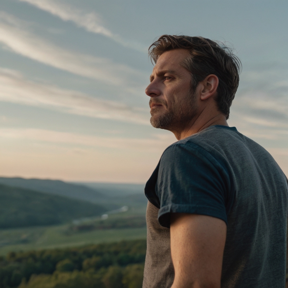 Man standing alone at a scenic overlook, gazing into the distance, symbolizing emotional freedom and independence
