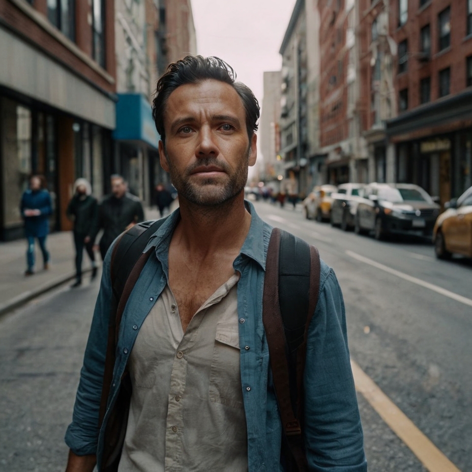 Man walking confidently down a city street, head held high, symbolizing emotional power and independence