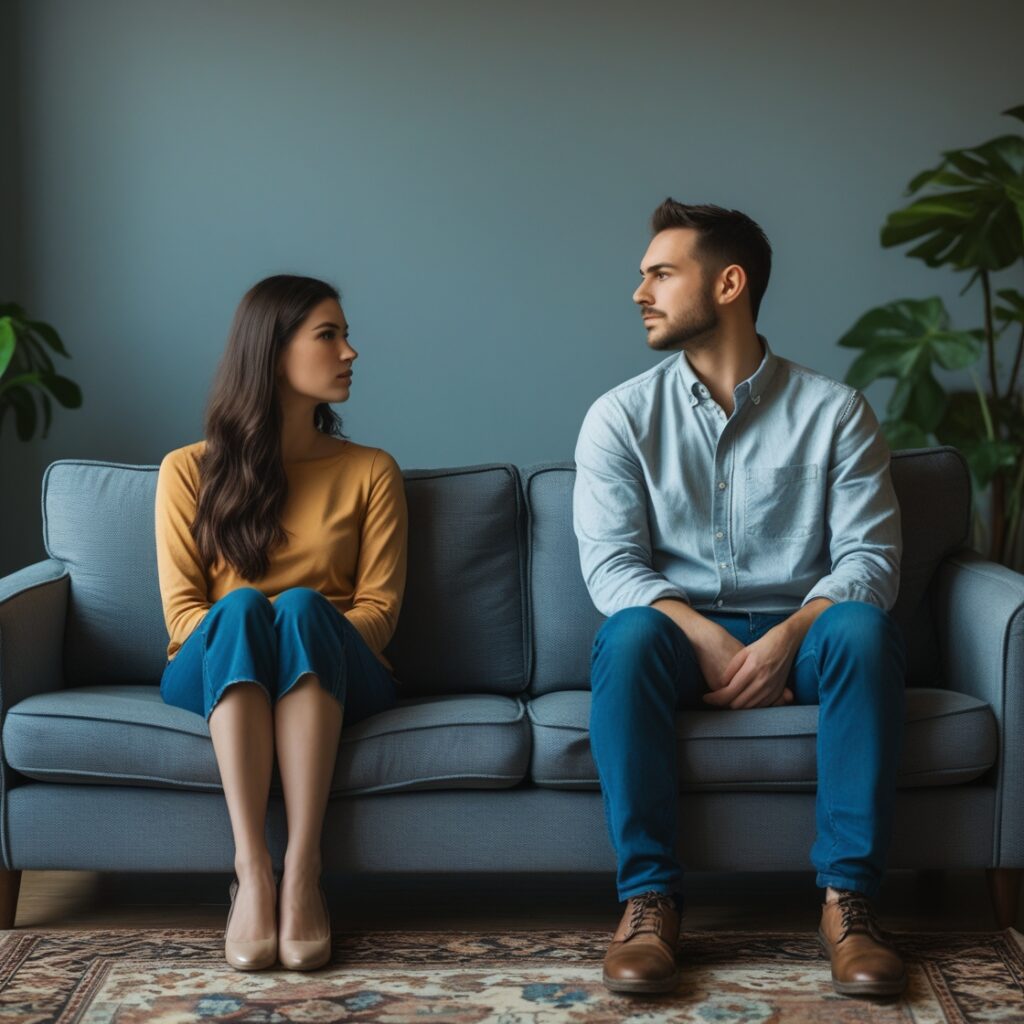 A couple sitting at opposite ends of a couch, looking away from each other, representing emotional detachment.