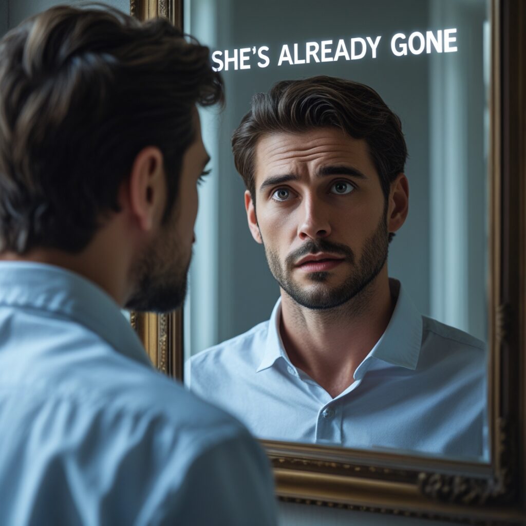 A man looking at a blurry mirror that says “She’s Already Gone”, symbolizing how the truth is obvious, but he’s refusing to see it.