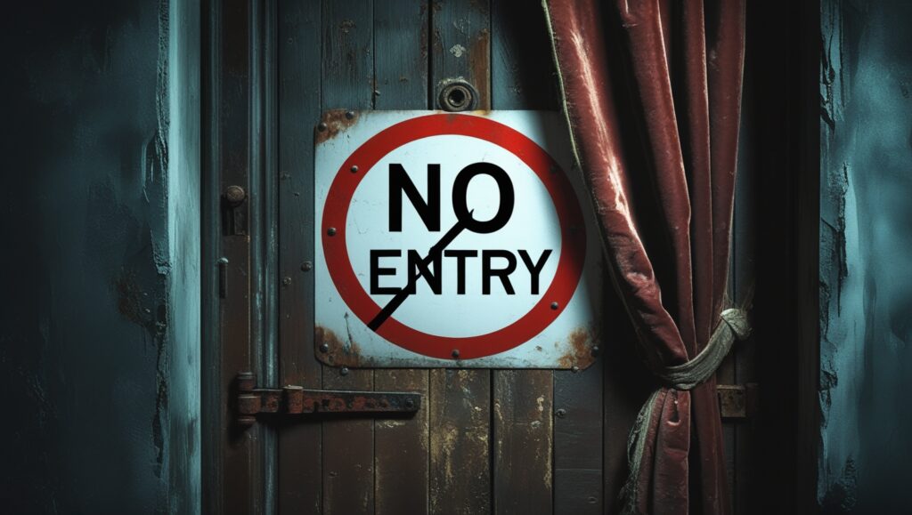 A closed door with a “No Entry” sign, while the man turns and walks away, showing setting boundaries.