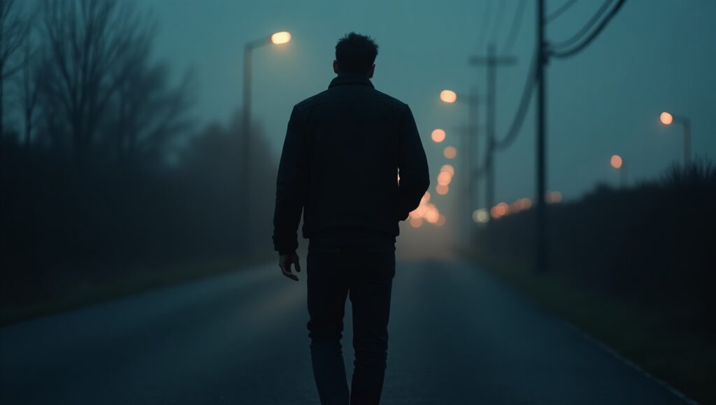 A man standing on a new path, looking forward, with no baggage, showing freedom from the past.
