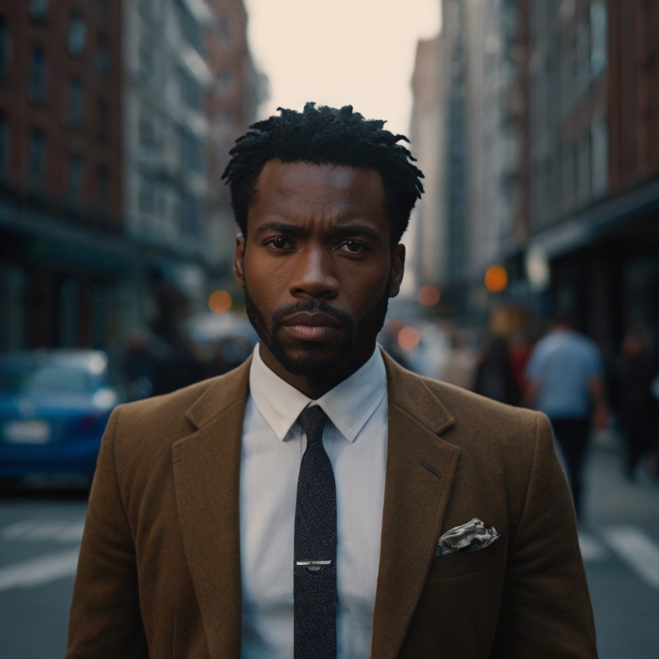 Confident man standing tall on a city street, exuding self-assurance and purpose