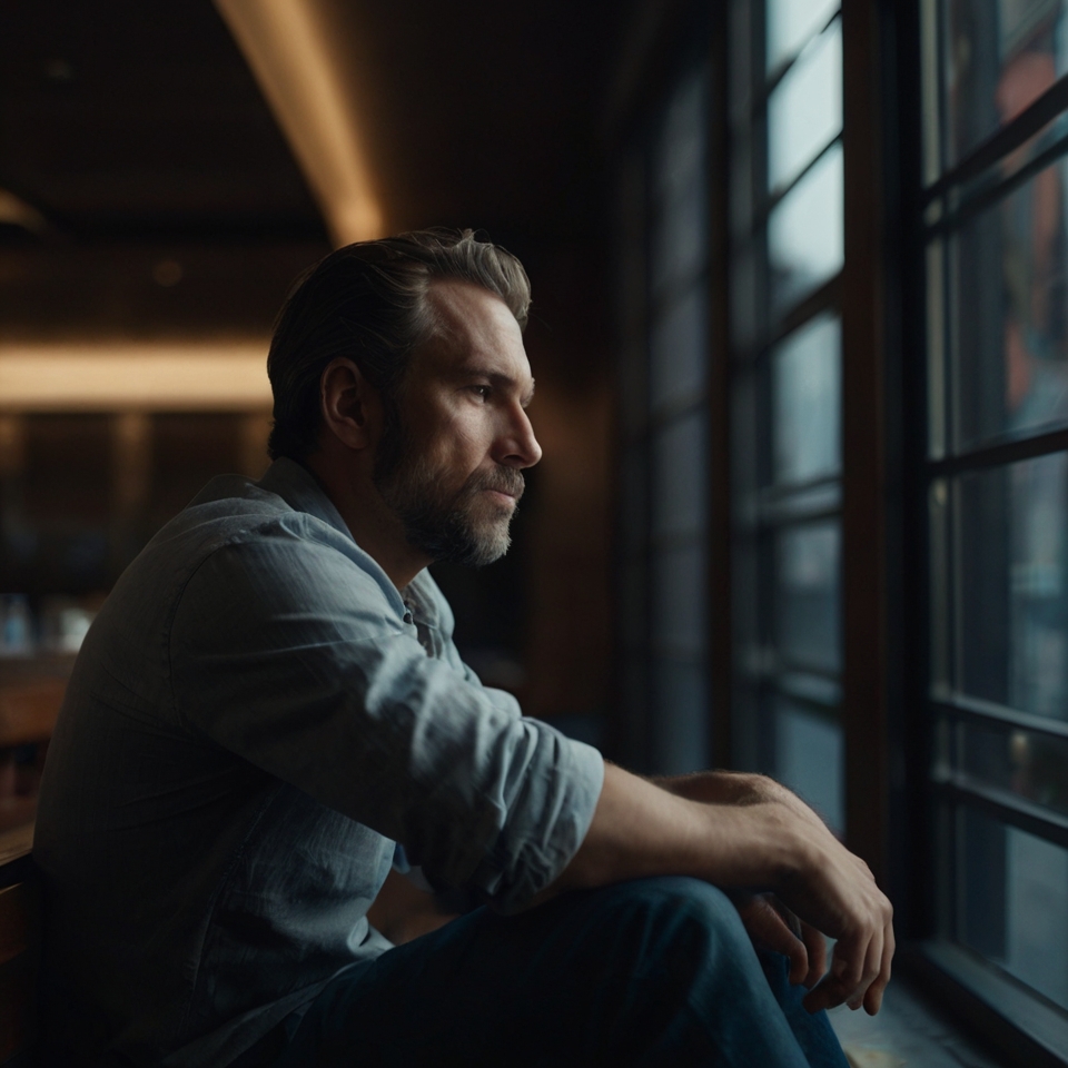 Close-up of a man deep in thought, reflecting on his inner dialogue
