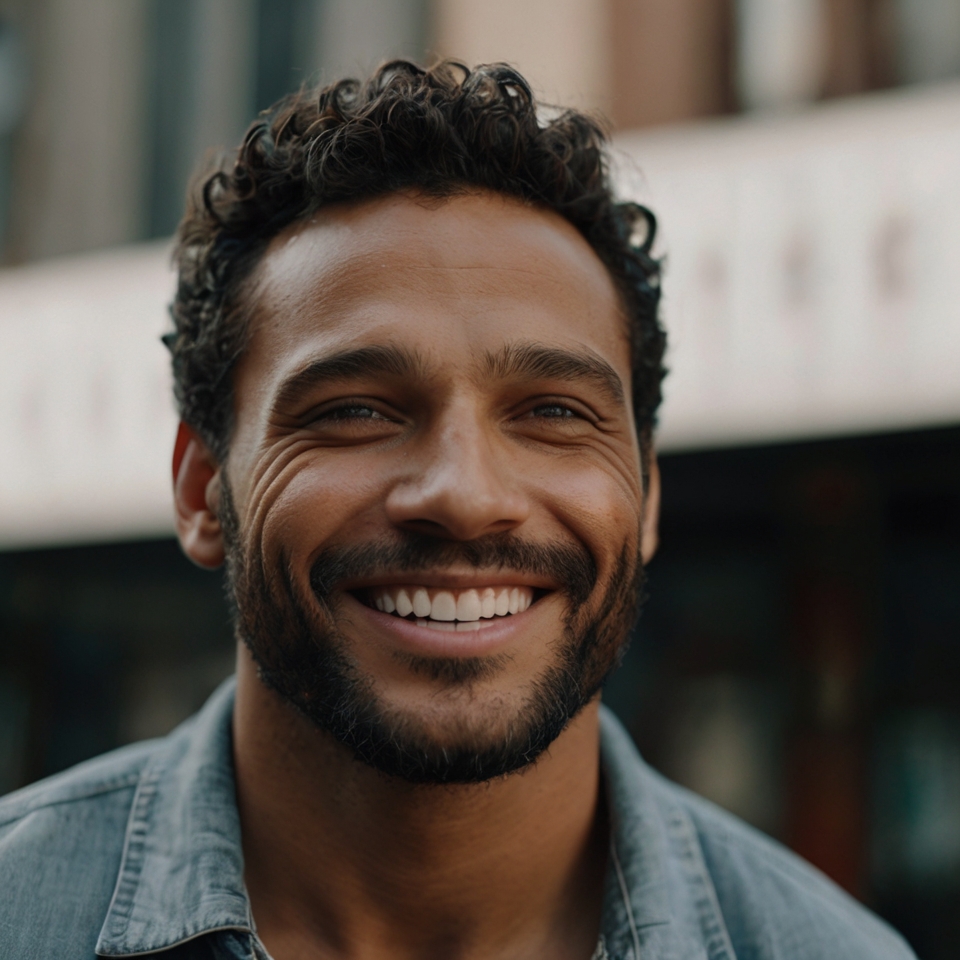 Close-up of a man smiling confidently, radiating self-assurance and positivity.
