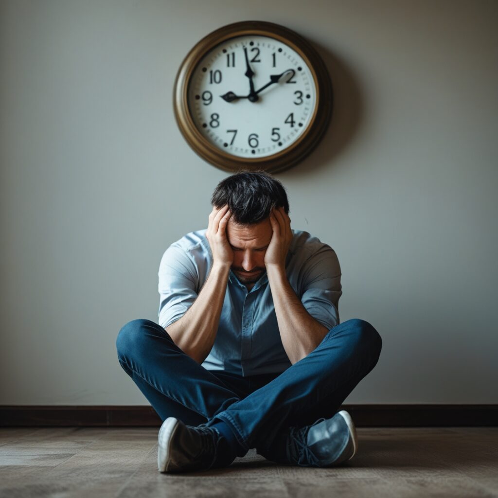 A man sitting on the floor, head in hands, with a clock ticking behind him, representing wasting time stuck in the past.