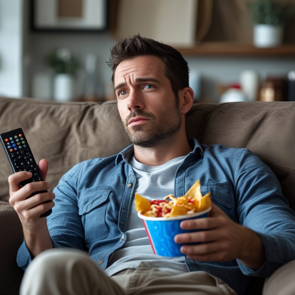 A man sitting on a couch with a remote in one hand and junk food in the other, looking lifeless, symbolizing complacency.