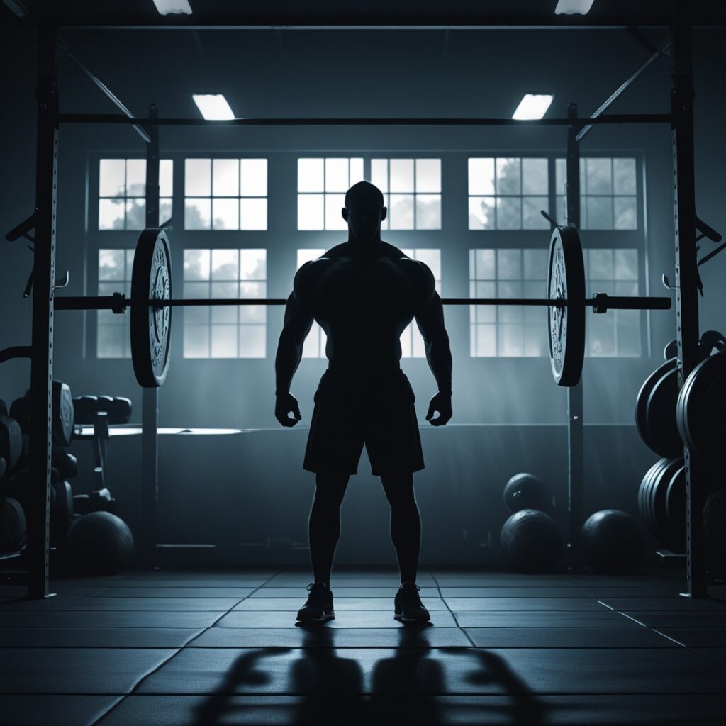 A dark, moody gym setting with a man standing tall, ready to train, representing a new beginning.