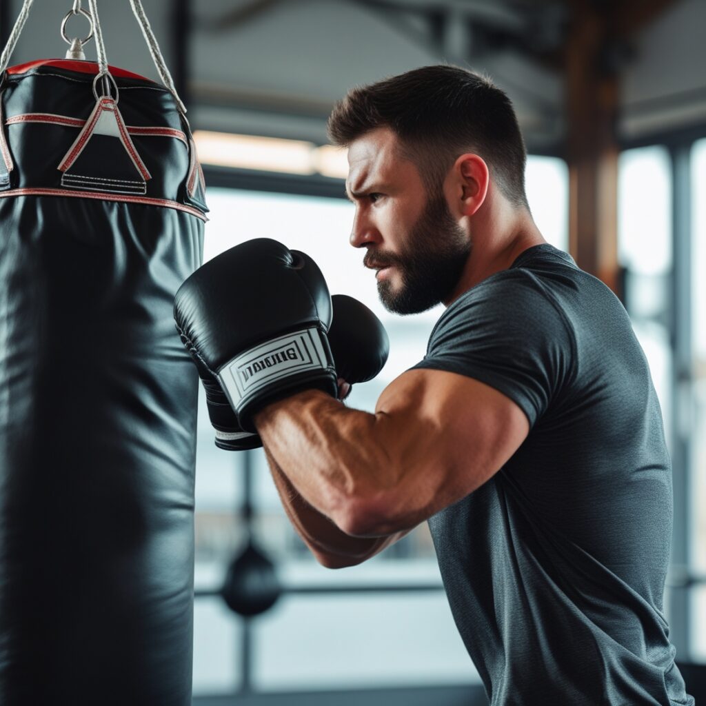 A man punching a heavy bag, rage and determination on his face, symbolizing channeling emotions into power.