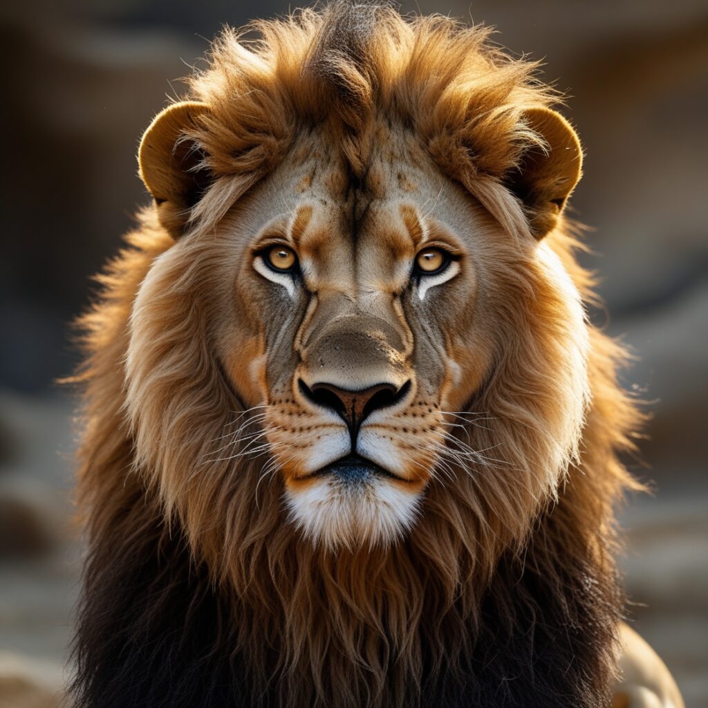 A lion staring intensely forward, representing undeniable strength and leadership.
