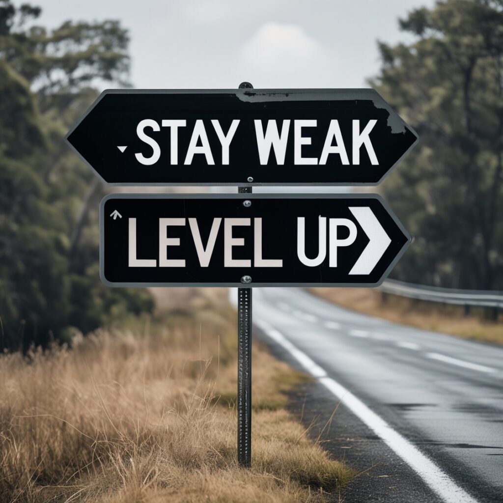 A road sign with arrows pointing to “Stay Weak” and “Level Up”, representing a crucial turning point.