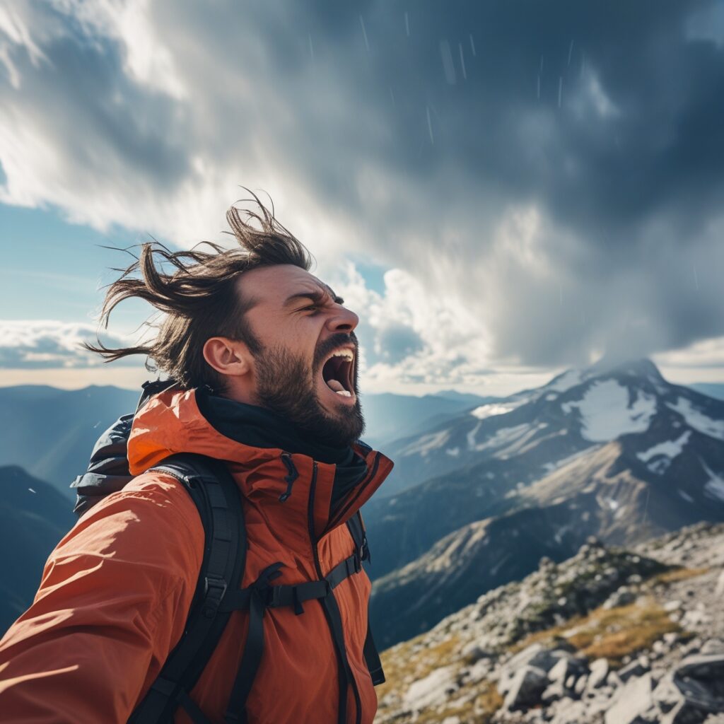 A man screaming into the wind on a mountain, releasing pent-up emotions.