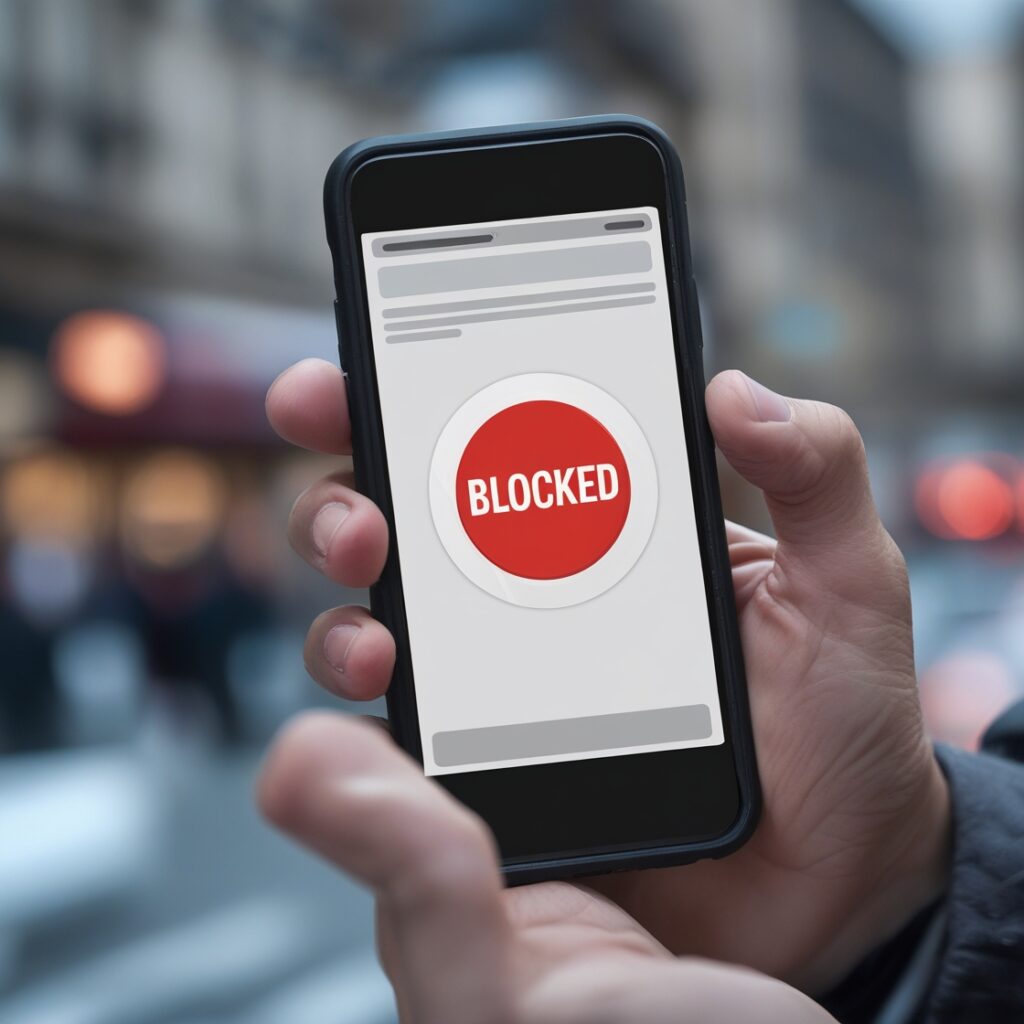 A giant "BLOCKED" notification on a phone screen to emphasize digital detox