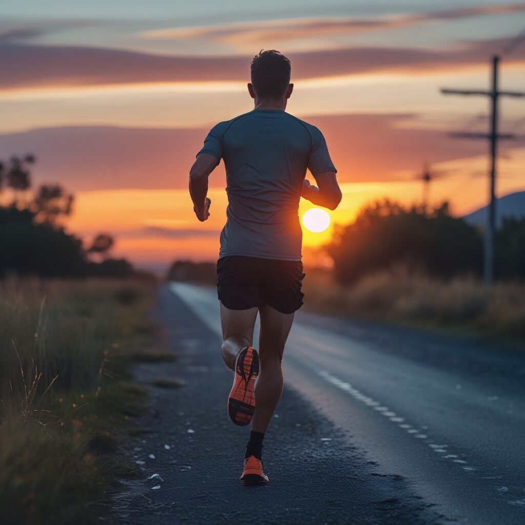 A man running toward a sunrise, representing a fresh start