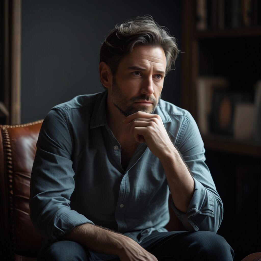 A man sitting in a dark room, lost in thought, representing being mentally trapped.