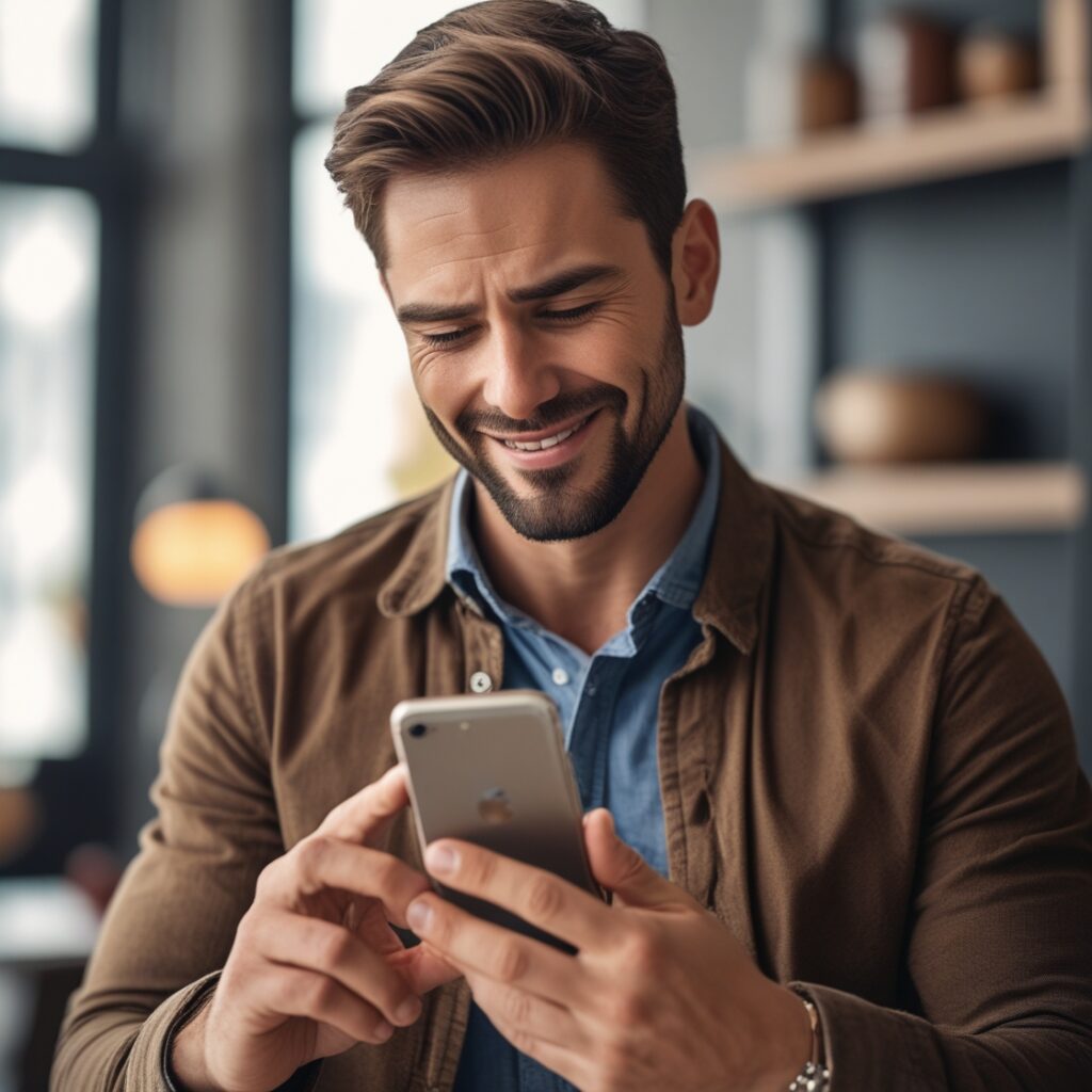 A man deleting a contact from his phone with a relieved expression – A direct action image of cutting ties.