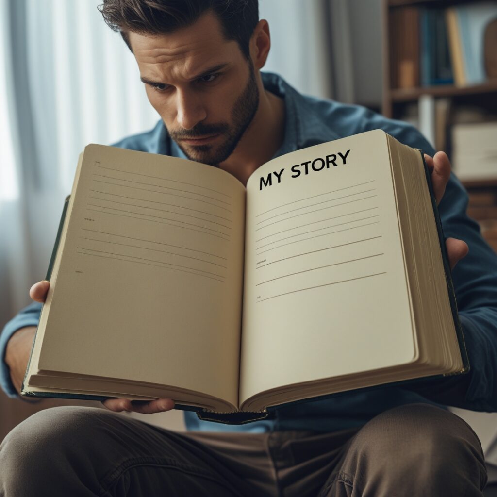 A man staring at an open book labeled “My Story” with a blank page – Symbolizing taking control of his future.