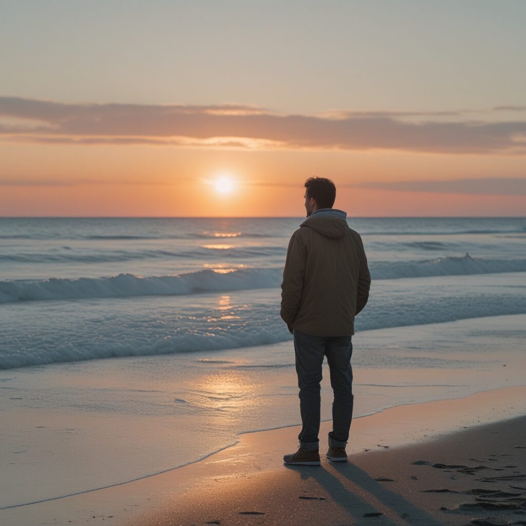 A man standing alone at the beach at sunrise, looking at the horizon – A peaceful and powerful metaphor for new beginnings.