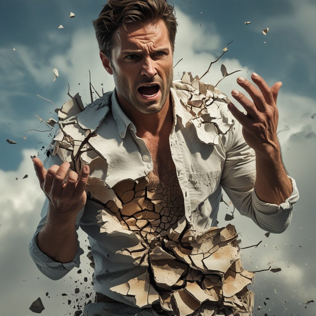 A man breaking free from a cracked shell of his former self – Symbolizing personal evolution.