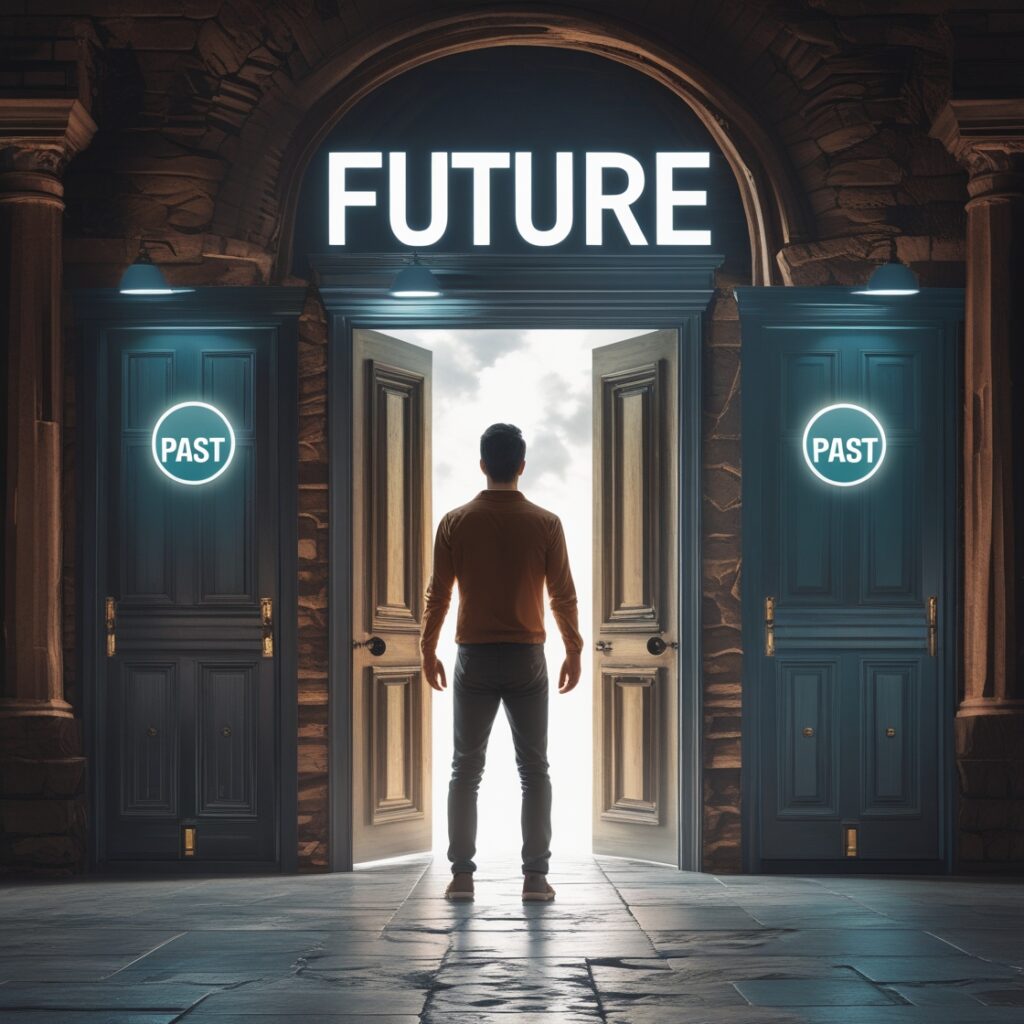 A man standing in front of a door labeled “Future” while leaving behind a door labeled “Past” – A clear sign of moving on.