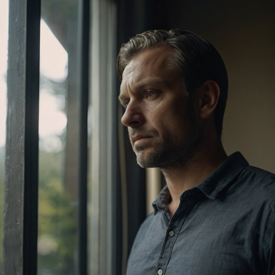 A man standing by a window, looking out thoughtfully with his reflection on the glass, symbolizing the journey of finding closure within oneself.