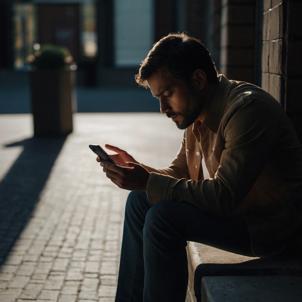 A man staring at his phone with a look of expectation and disappointment, symbolizing waiting for closure after a breakup