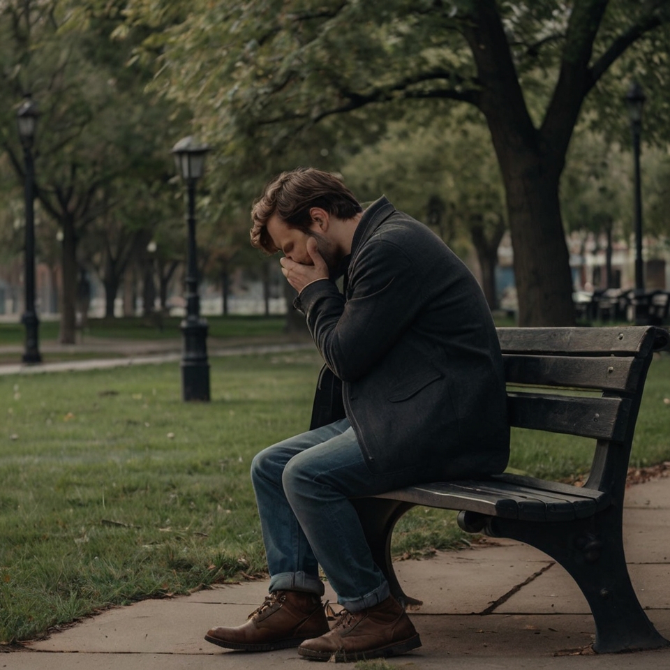 A man sitting alone on a park bench, deep in thought with his head down, symbolizing the internal struggle of seeking closure within himself