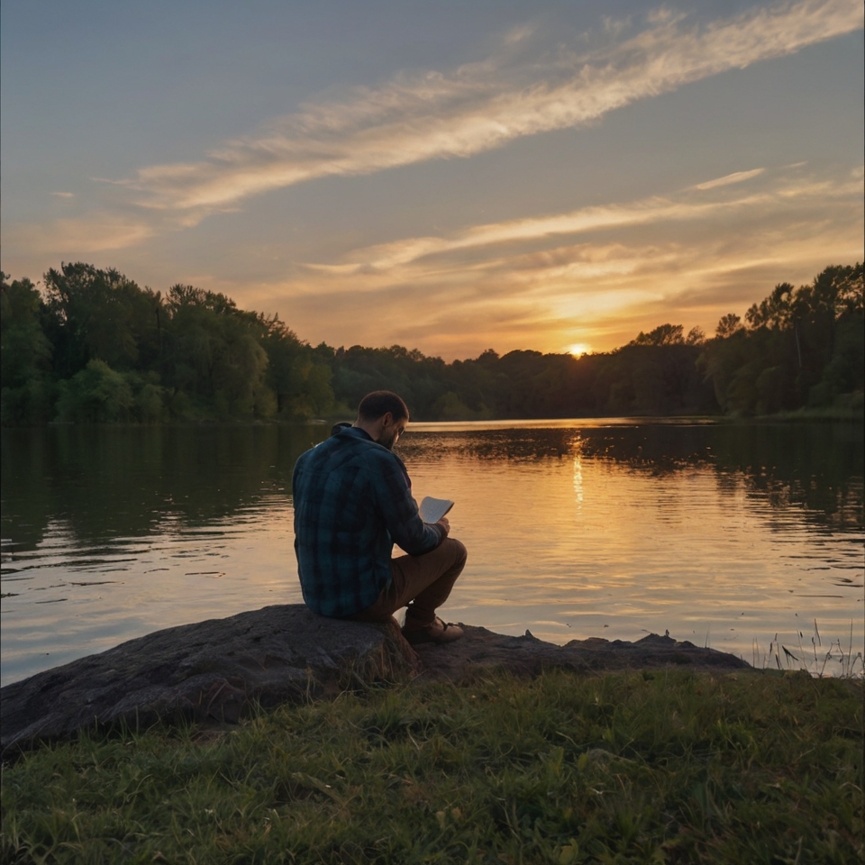 A man sitting alone by a lake at sunset, writing in a journal, symbolizing creating his own closure and letting go of the past.
