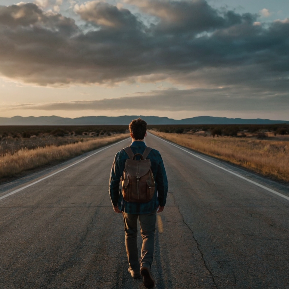 A man walking forward on an open road with his back turned, symbolizing the choice to move on and start a new chapter after a breakup