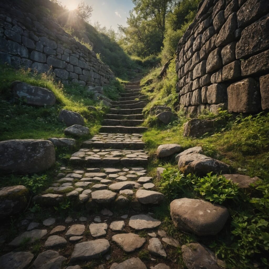 A well-worn ancient path surrounded by old stones and nature – Representing the legacy of walking through history.