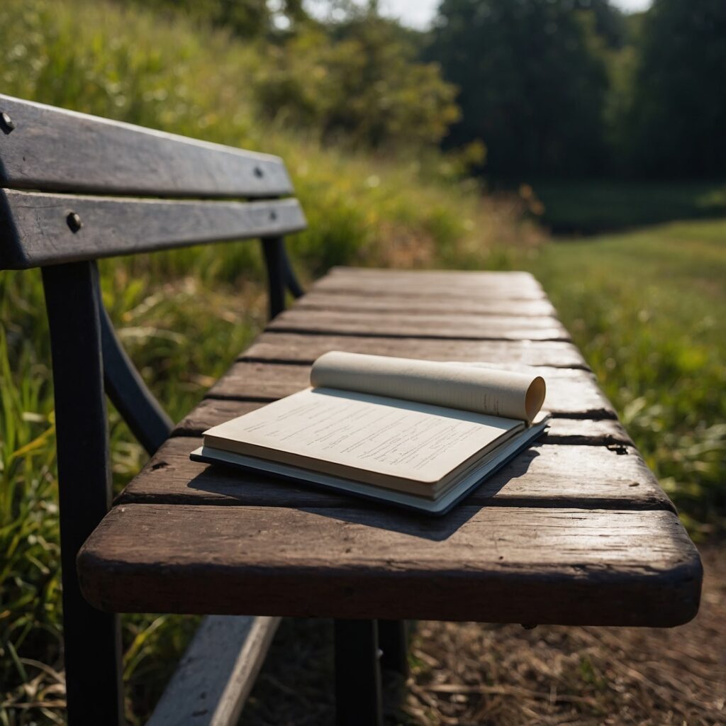A notebook resting on a bench along a walking path, symbolizing ideas forming while walking – The creative power of movement.