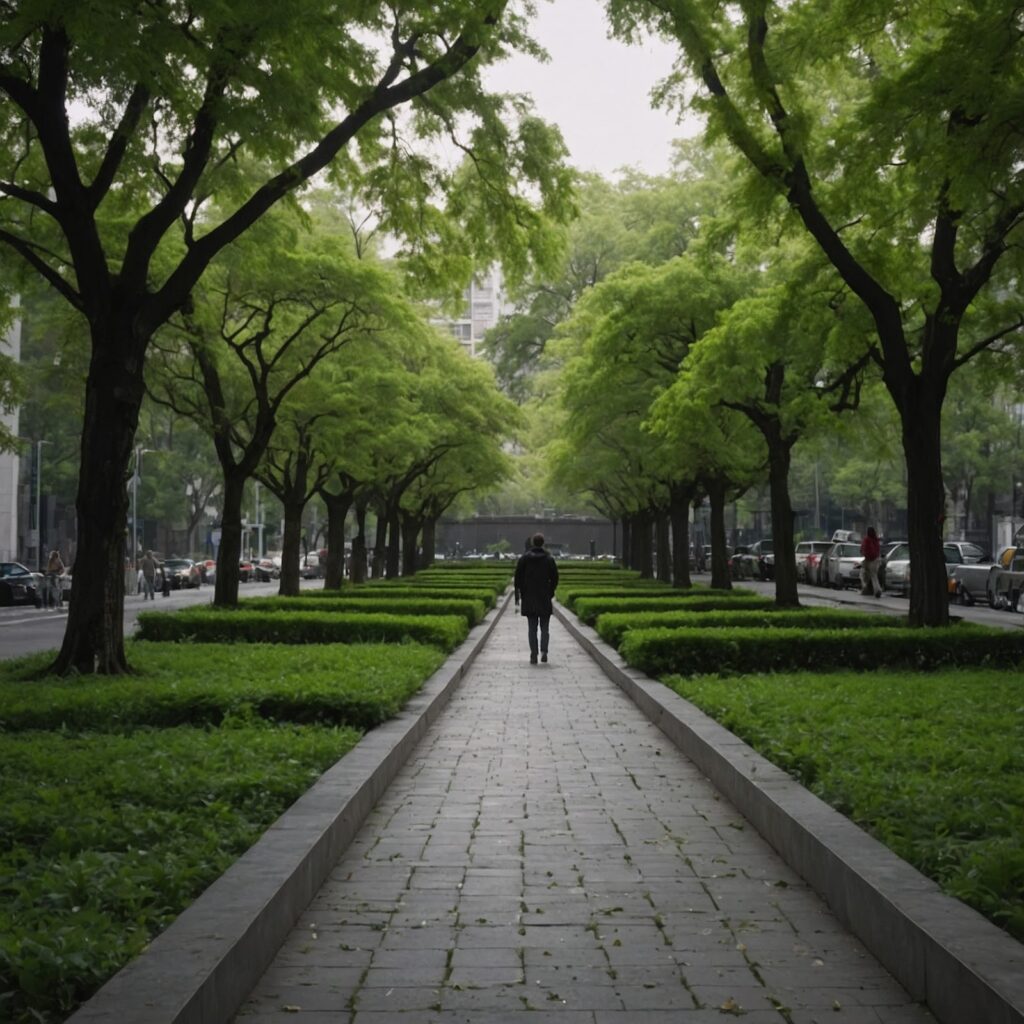 A bright green park in the middle of a grey city, highlighting the power of nature walks – Visually comparing urban and nature walking benefits.