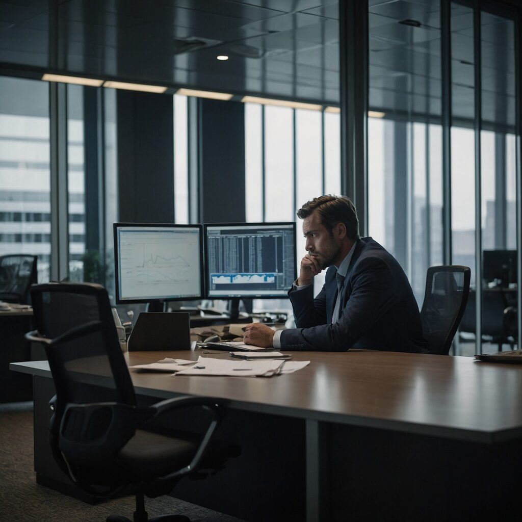A man in a corporate office, staring at his screen, looking drained – Highlighting workplace burnout.