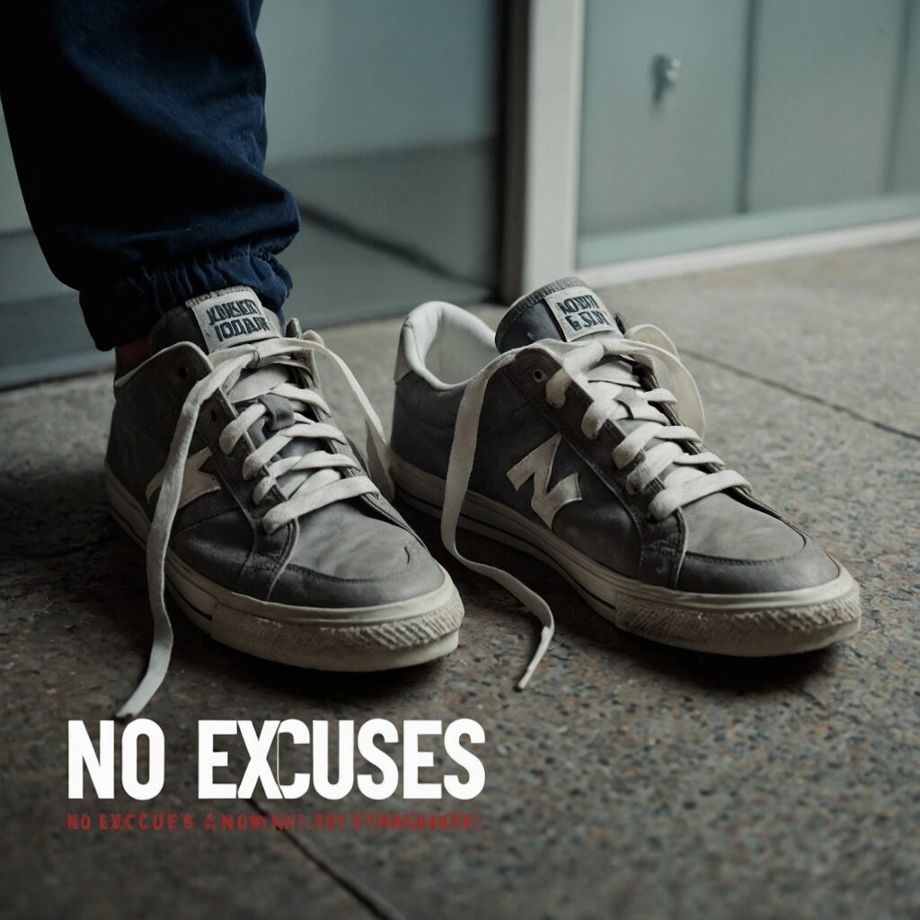 A close-up of sneakers left by the door with the words "No Excuses" written above – Removing barriers to walking.