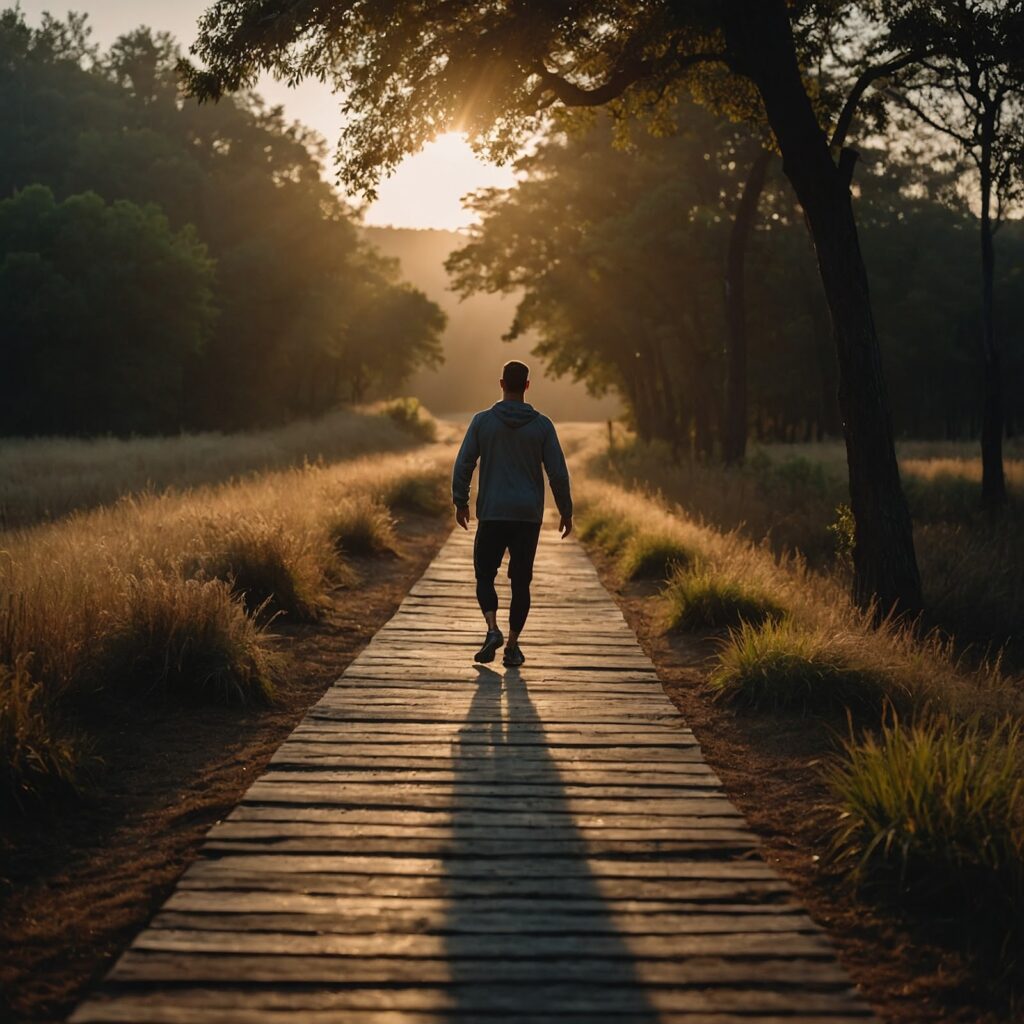 A sunrise over a walking path with a man stretching, ready to start his day – Highlighting morning energy boosts.