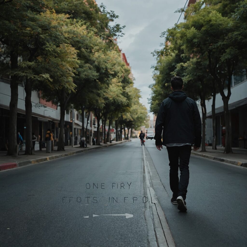 A simple shot of a man walking with “One Foot in Front of the Other” as text overlay – Back to basics, simple yet effective.