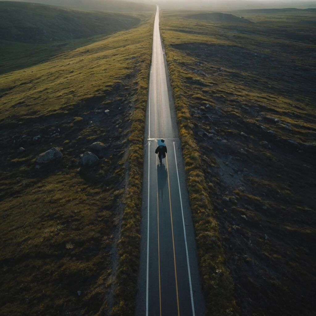 A bird’s eye view of a lone walker on a long road – The power of solo movement.