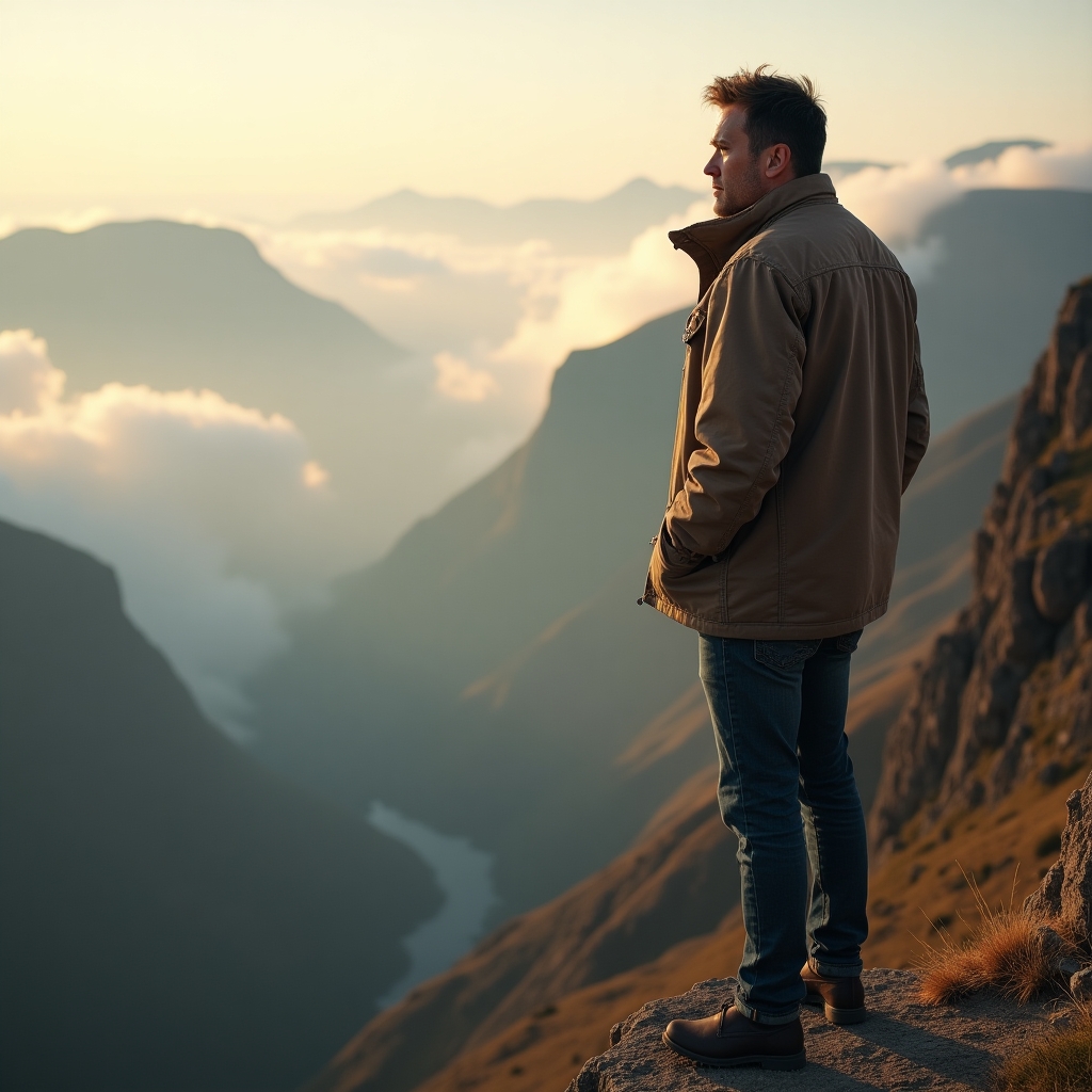 Man standing on a cliff’s edge, looking out at a vast horizon, symbolizing the emotional journey of confronting anxiety