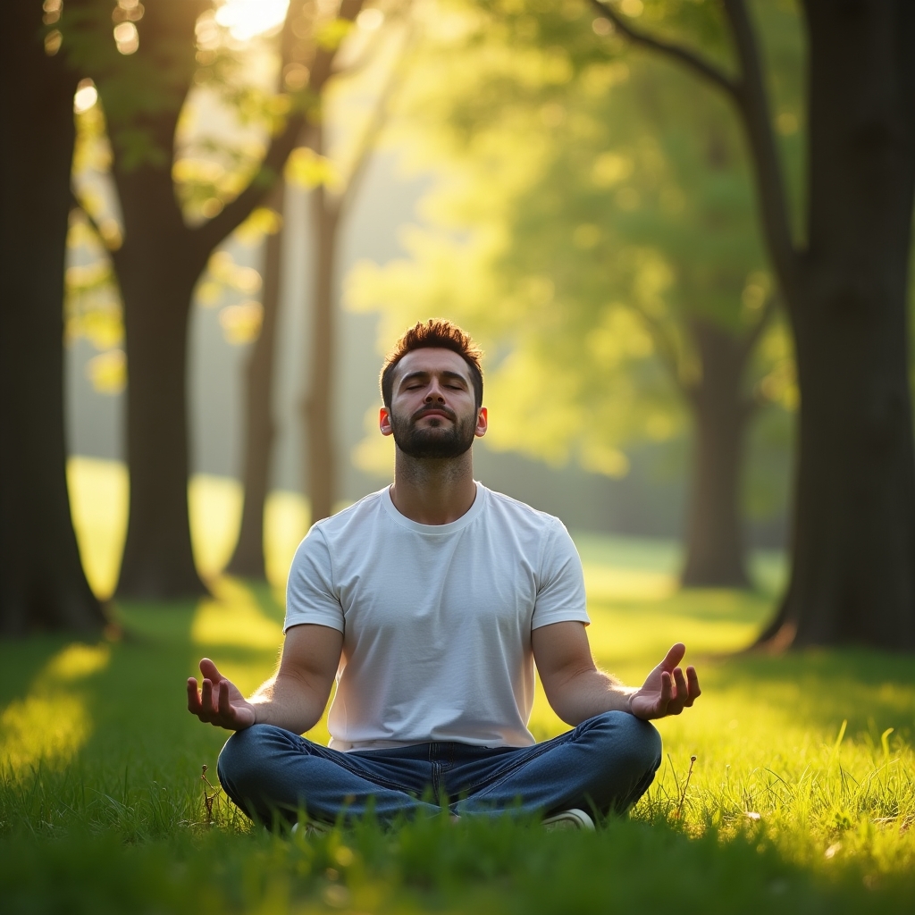Man meditating outdoors with sunlight filtering through trees, symbolizing mindfulness and emotional grounding.