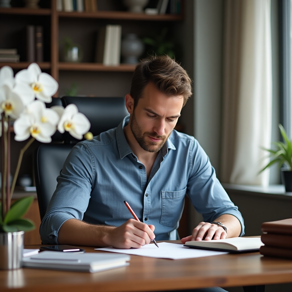 Man creating a to-do list with a focused expression, symbolizing emotional security and stability through routine