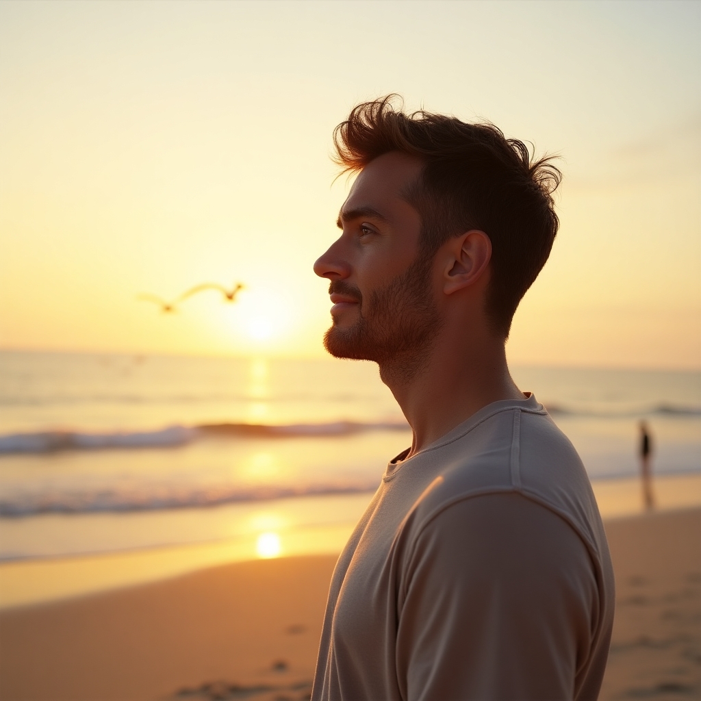 Man standing alone at the beach, gazing at the horizon, symbolizing emotional detachment and introspection