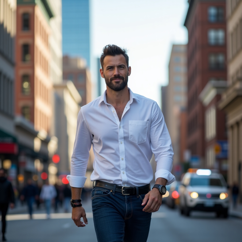 Man walking confidently through an urban street, head held high, symbolizing emotional power and independence