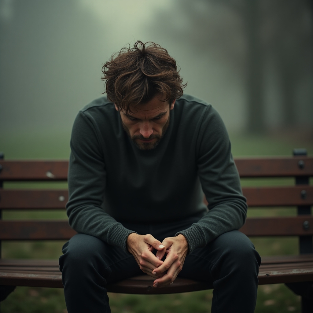 Man sitting alone on a bench, head bowed, symbolizing emotional struggle and introspection.