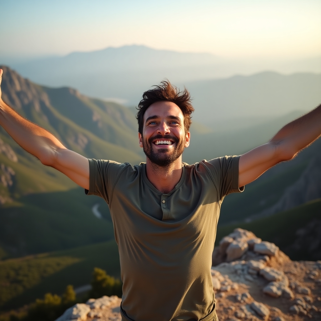 Man standing on a cliff edge, arms wide open, symbolizing emotional freedom and liberation.