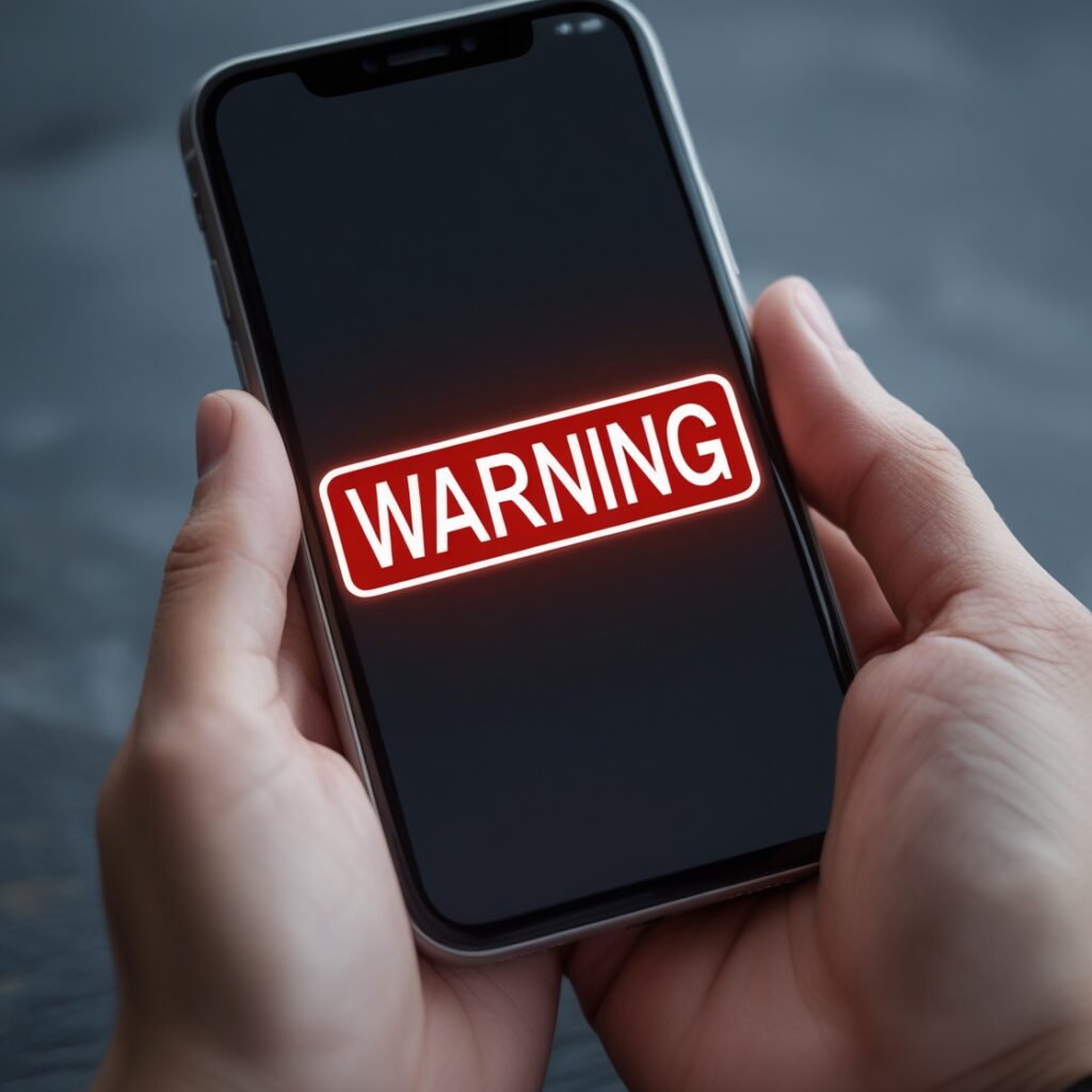 A "WARNING" sign flashing on a phone screen, emphasizing that this behavior leads to more harm than good.
