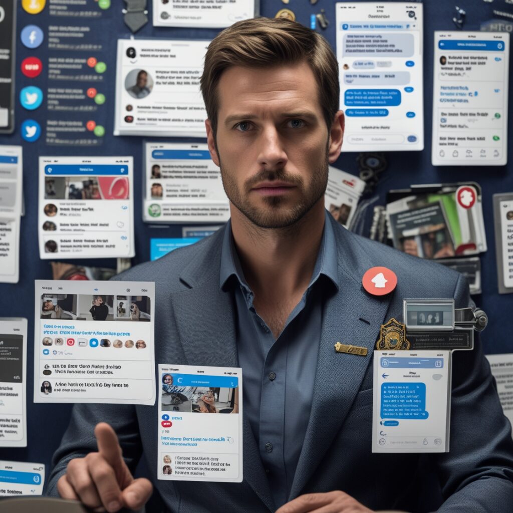 A man at a detective board covered in social media screenshots and text messages, showing how paranoia builds an unnecessary web of false conclusions.