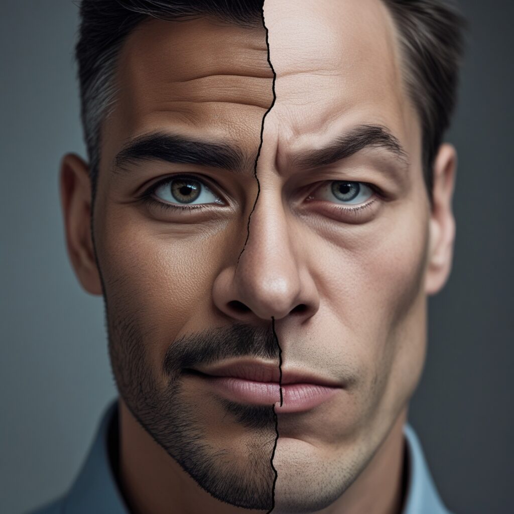 A man’s face split into two: one side confident, the other anxious and doubtful, symbolizing how self-respect crumbles with obsessive phone-checking.