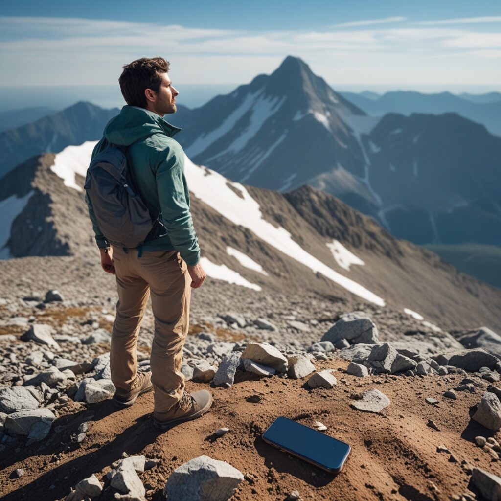 A man standing on a mountain peak, looking ahead, while an abandoned phone lies in the dirt behind him, representing freedom from obsession.